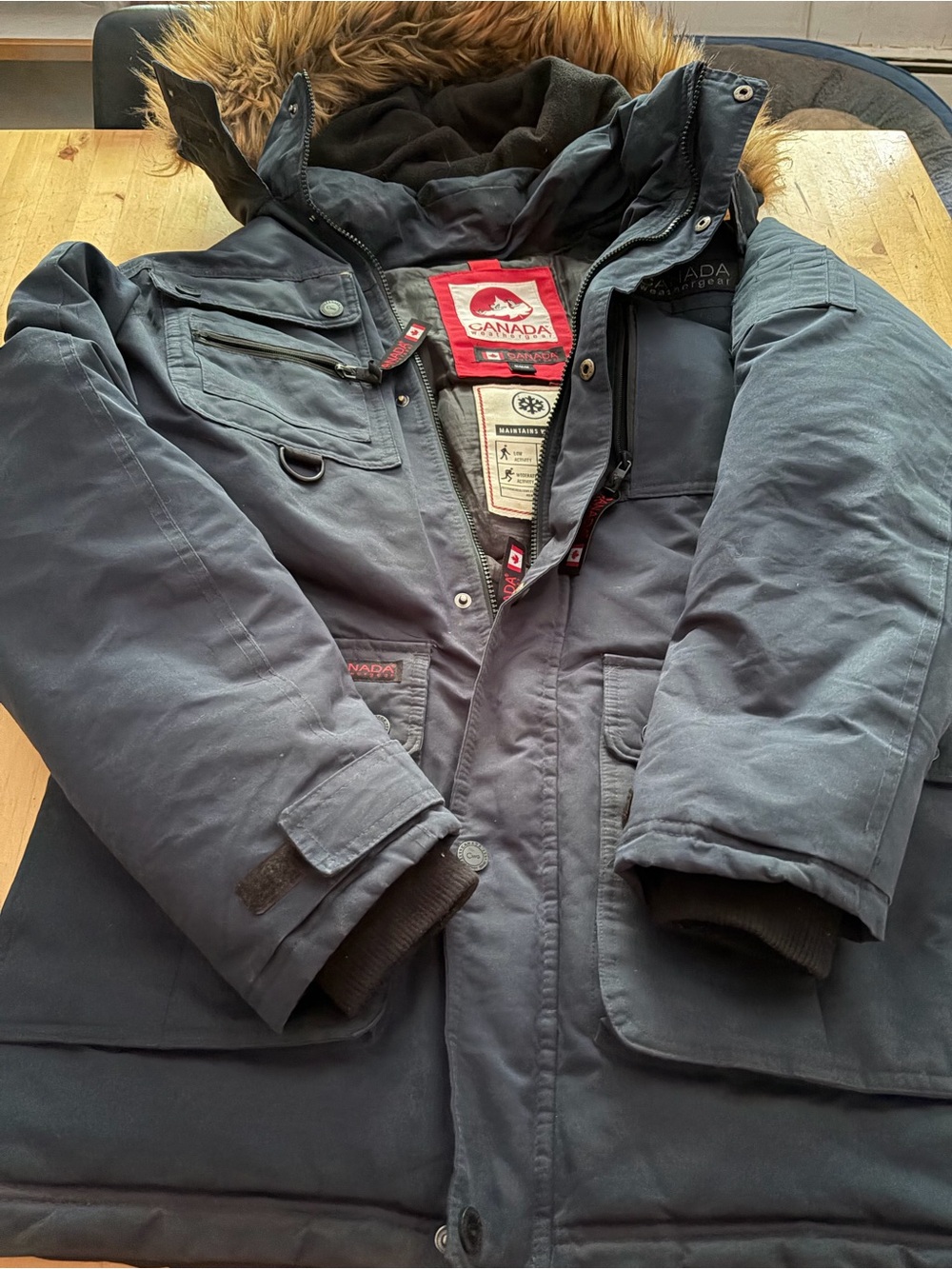 Canada WeatherGear Men’s Dark Navy Insulated Parka with Faux Fur Trim